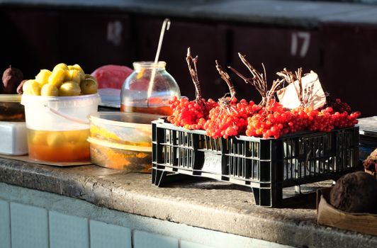 Vibrant assortment of fresh produce on display at a local market in Nikopol', Ukraine. Perfect for culinary themes.
