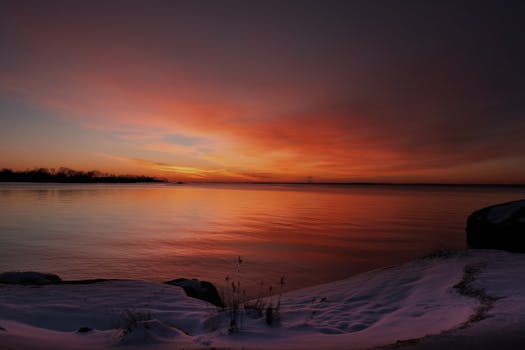 Captivating winter sunrise at Cove Island Park with a pink sky over snowy beach.