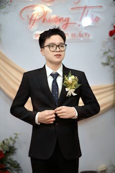 Young man in a suit adjusting jacket, ready for a formal event indoors.