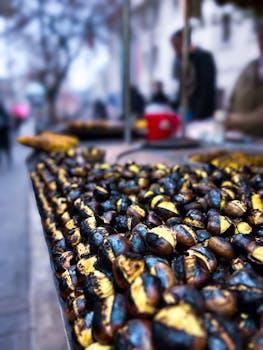 Close-up of grilled chestnuts at a street market in Bursa, Türkiye, showcasing local culture.