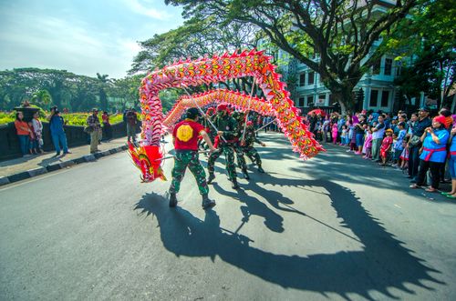Free Spectacular dragon dance performance on a sunny day street festival with a captivated audience. Stock Photo