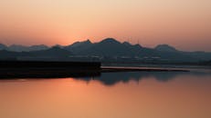 Sunset Reflections Over Calm Lake with Mountains