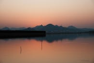 Serene Sunset Over Tranquil Lake and Mountains