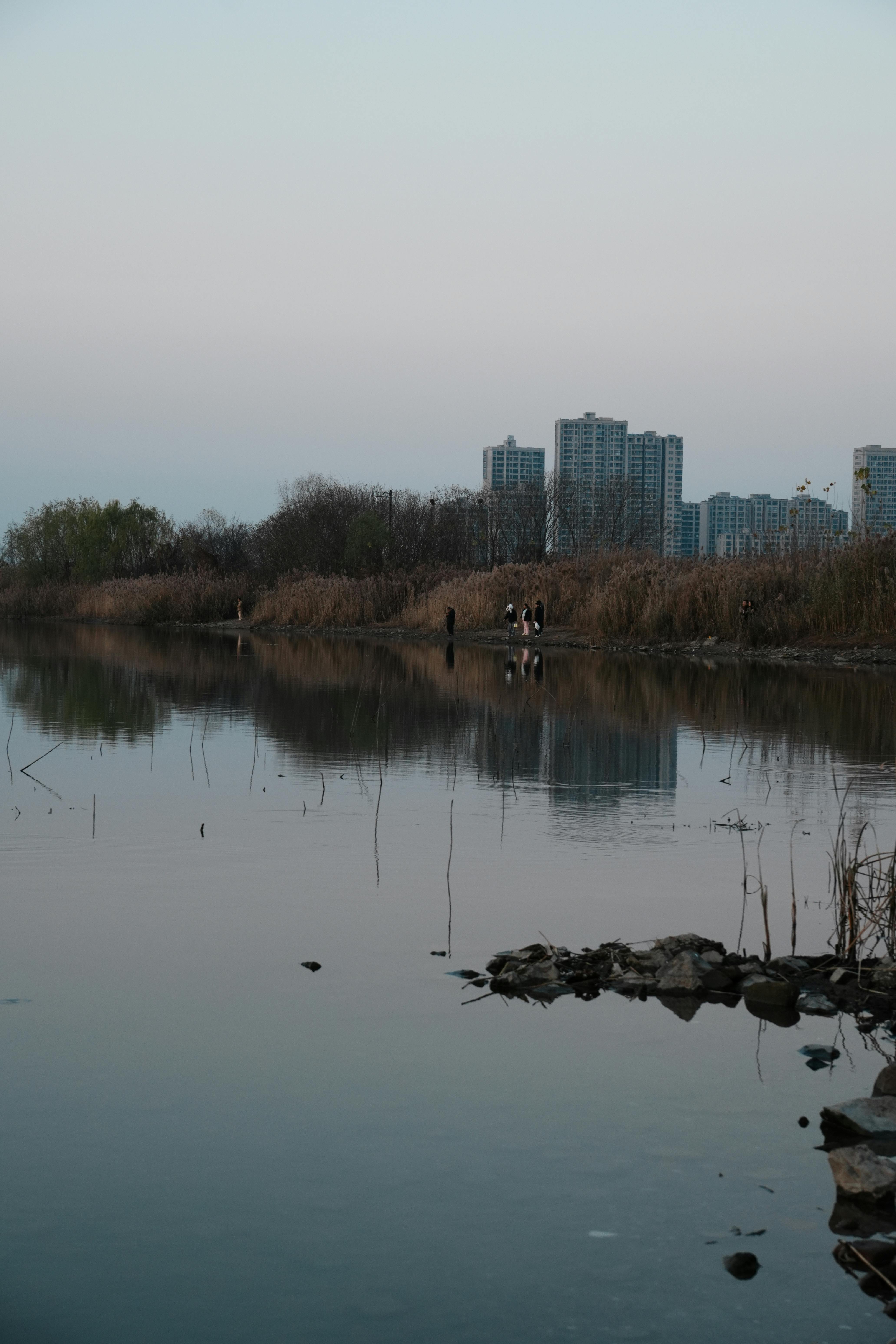 Tranquil Urban Lake Reflecting City Skyline
