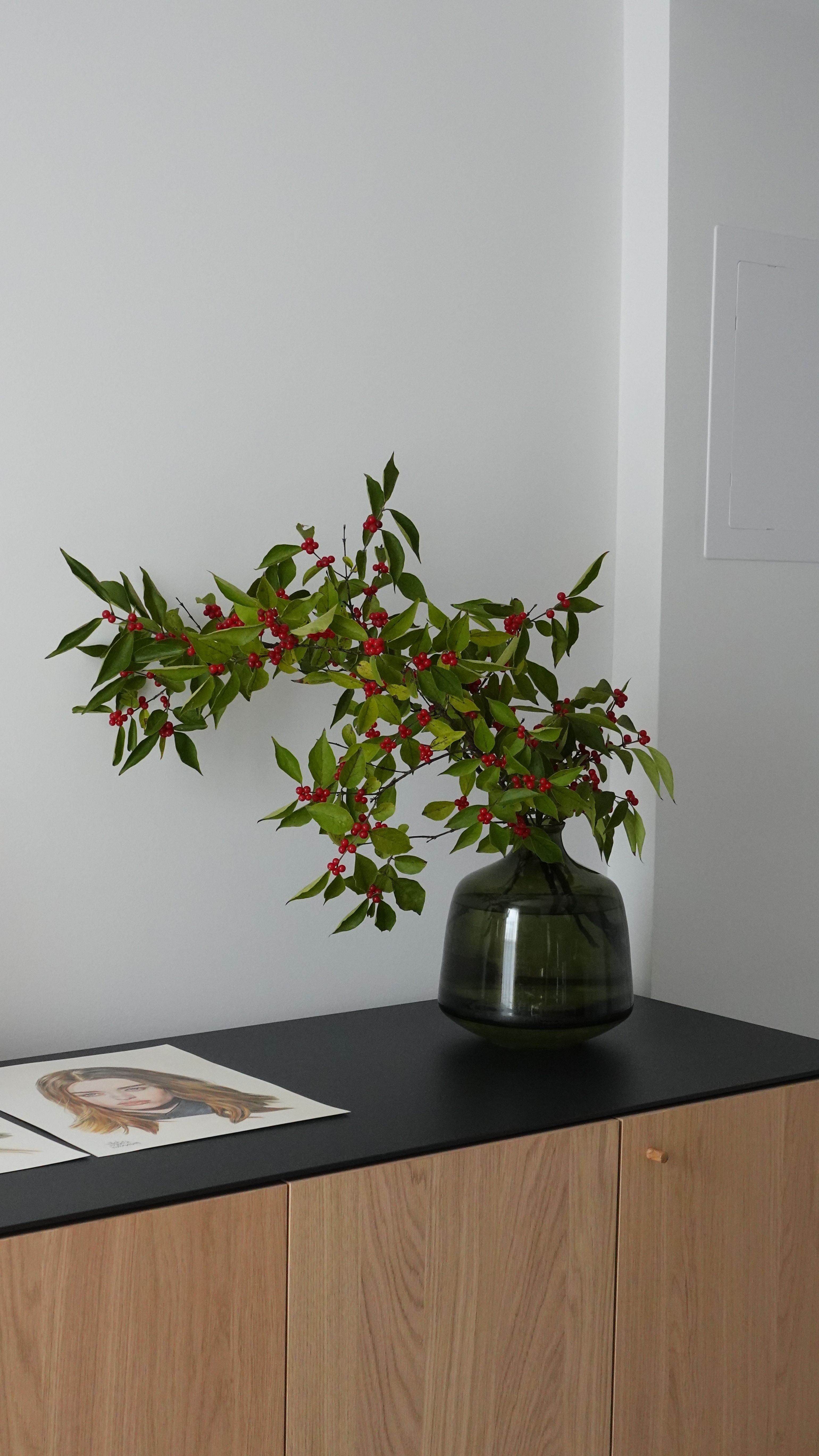 Elegante Jarrón Verde Con Ramas De Frutos Rojos En Un Interior Moderno ...