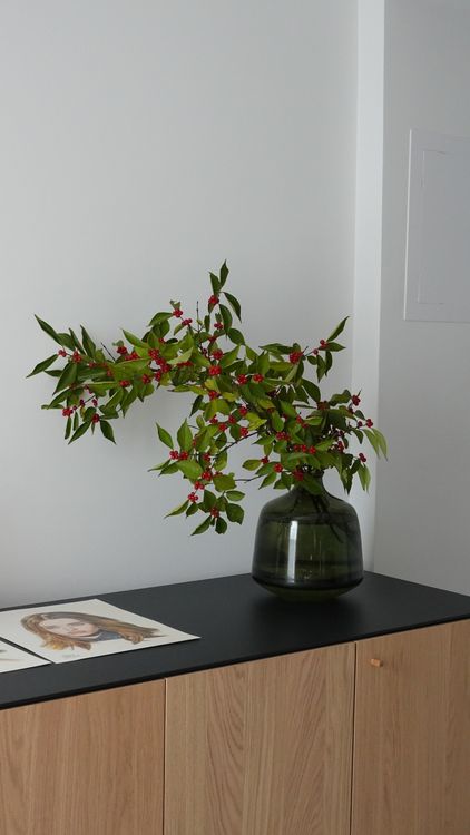 Jaron Con Ramas Elegante Jarrón Verde Con Ramas De Frutos Rojos En Un Interior Moderno ...