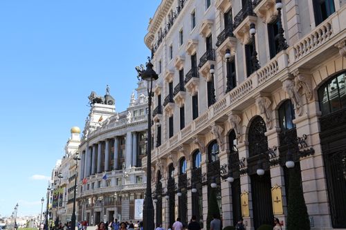 Free Beautiful architectural buildings in Madrid under a bright blue sky. Stock Photo
