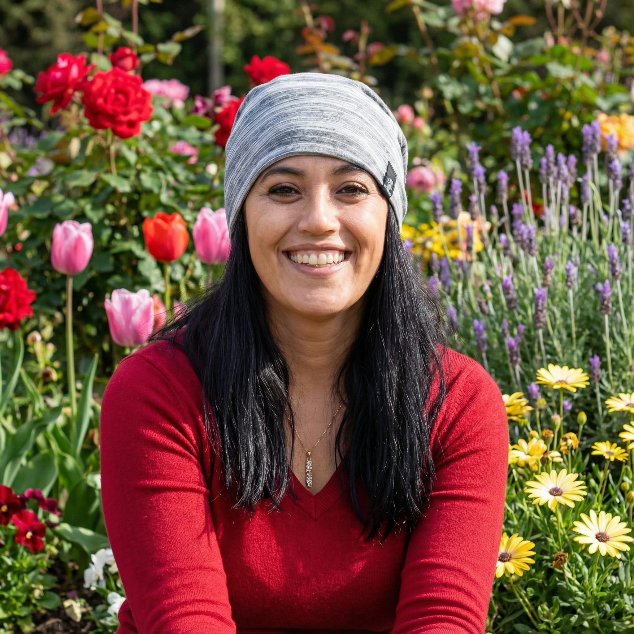 Woman in a colorful garden with roses and daisies, enjoying a sunny day.