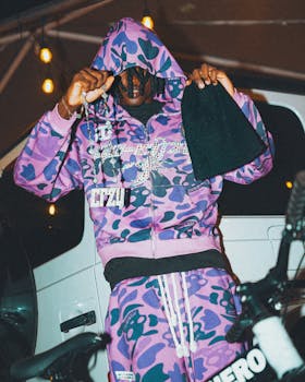 Trendy streetwear fashion featuring vivid purple camouflage design at night.