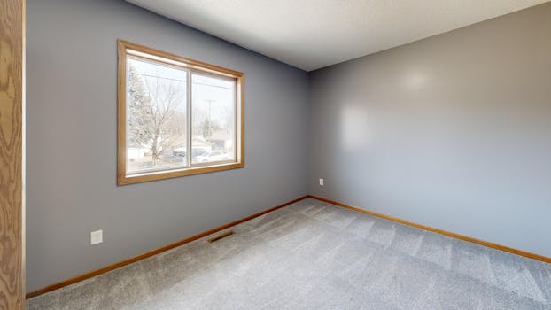A bright, unfurnished room with a large window, carpet, and neutral walls.