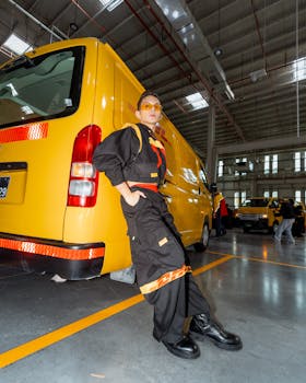 Stylish person in industrial attire posing against yellow delivery van inside a warehouse.