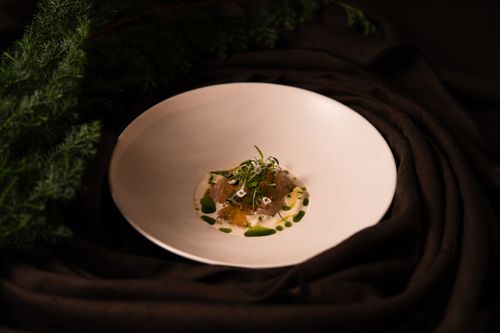 Free Exquisite gourmet presentation of an artisanal dish in a high-end Tokyo restaurant, showcasing culinary artistry. Stock Photo