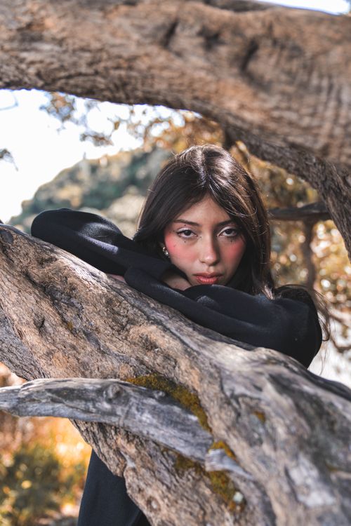 Free Portrait of a young woman leaning on a tree branch outdoors, surrounded by nature. Stock Photo