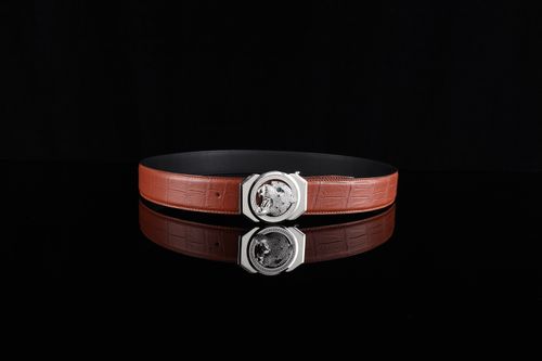 Free Chic brown leather belt with a unique silver decorative buckle on a reflective surface. Stock Photo