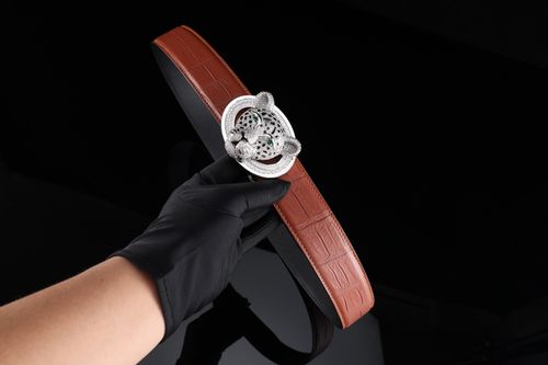 Free Elegant brown leather belt with a detailed panther buckle held by a gloved hand. Stock Photo