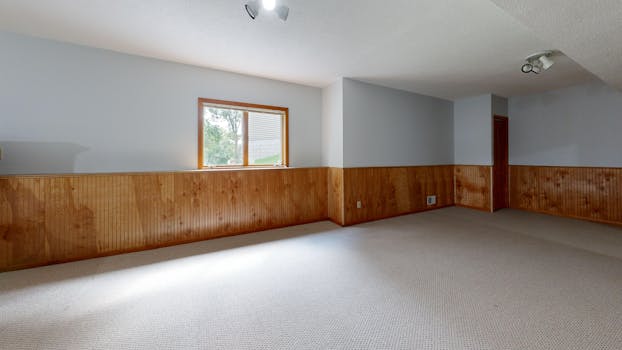 Bright empty room with wood paneling and carpet, perfect for renovation or real estate listing.