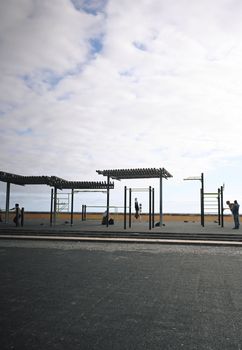 People exercising at an outdoor urban fitness park featuring calisthenics bars under a cloudy sky.