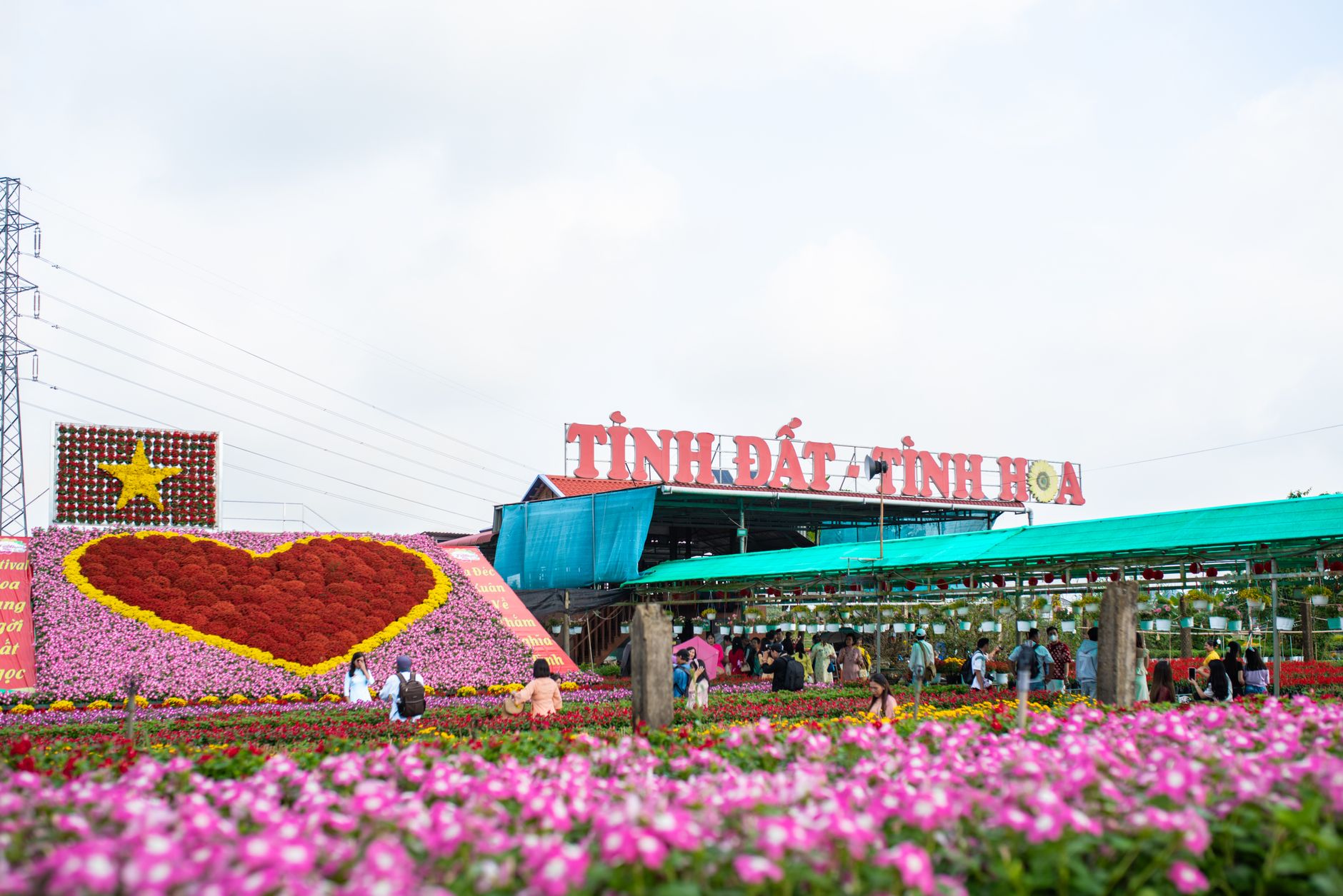 Vibrant flower display with heart and star design in a bustling outdoor market.