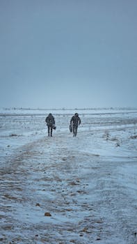 Distant view of two people walking on a snowy path in a vast winter landscape.