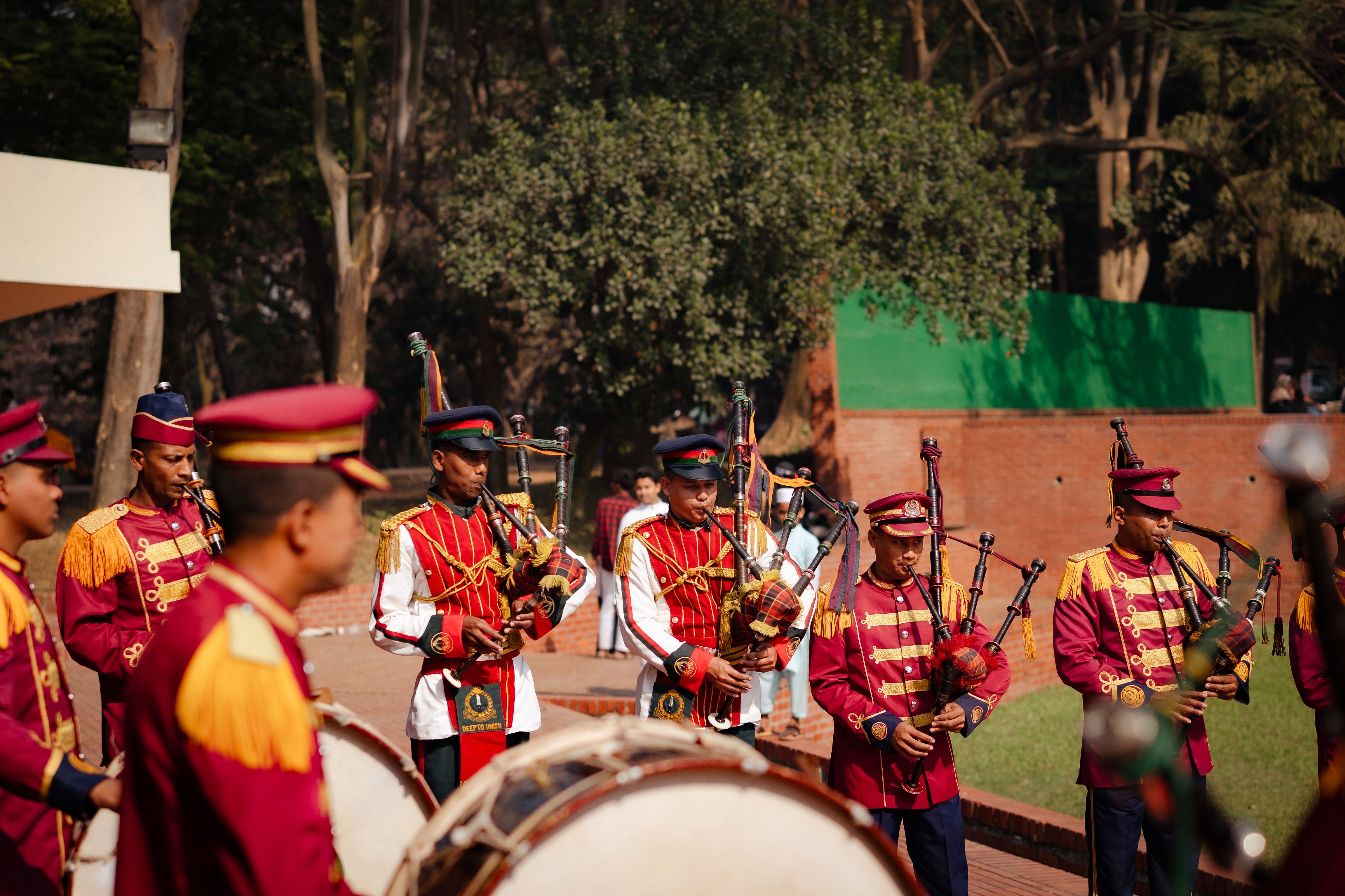 A military band playing bagpipes during Bangladesh Victory Day celebrations in Dhaka.