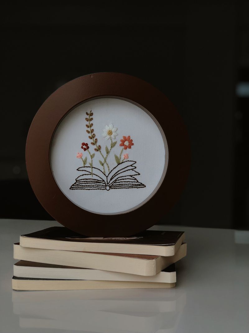 Botanical Book Hoop with stitched leaves and blooms