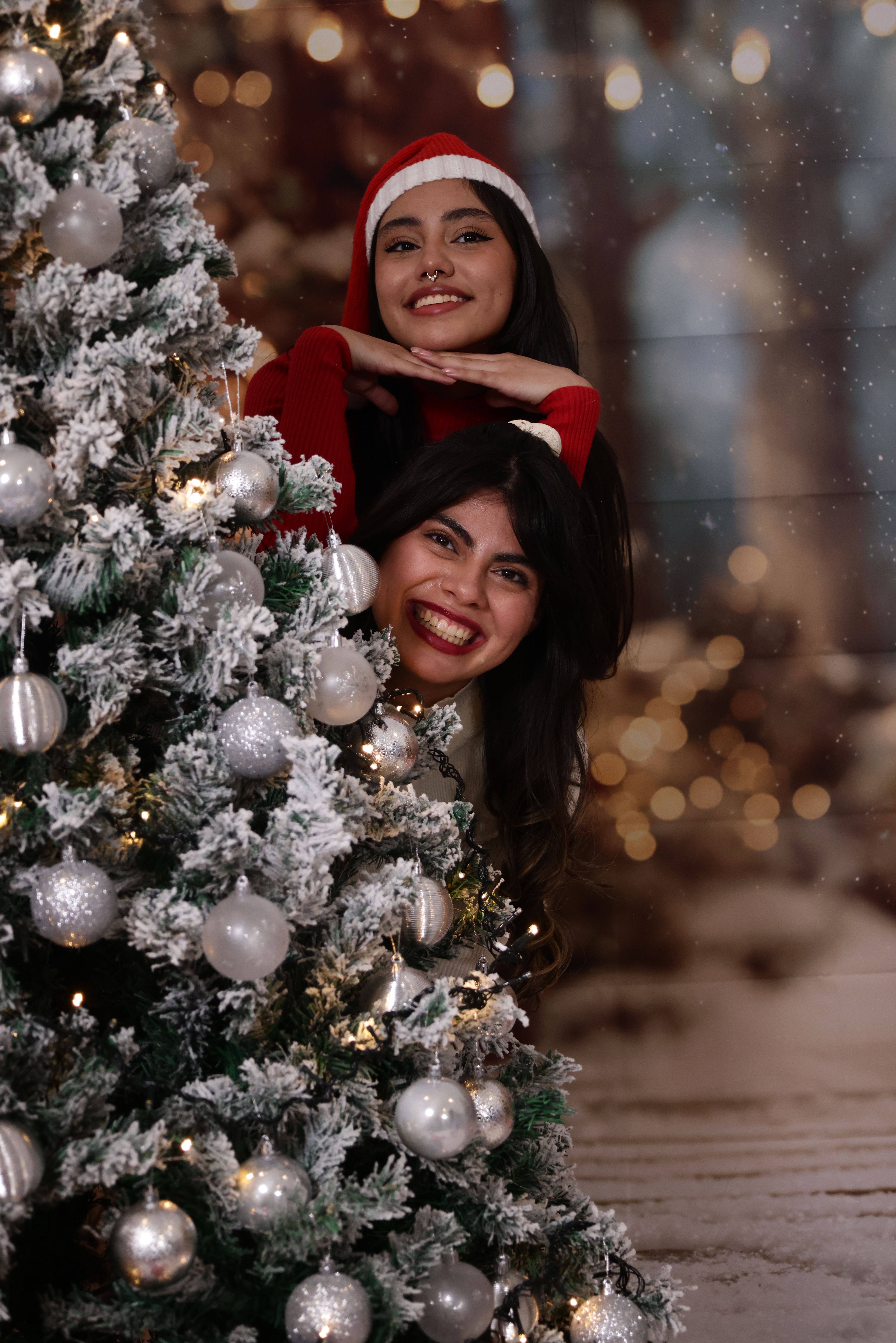 Fotomural Dos mujeres sonriendo y posando junto a un árbol de Navidad decorado durante la temporada navideña.