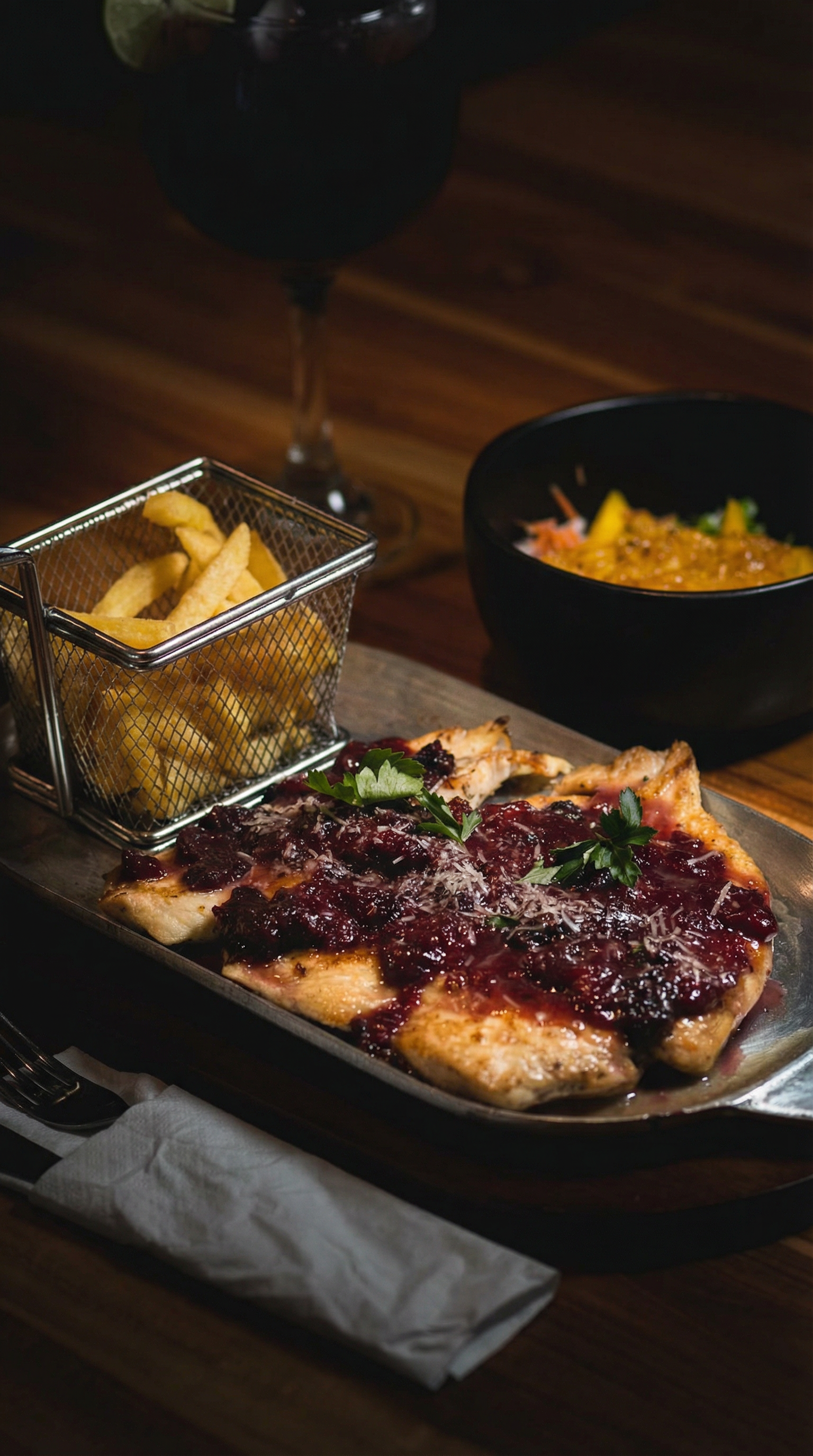 Savor this gourmet Colombian meal featuring seasoned chicken, fries, and garnish, perfect for a food lover.