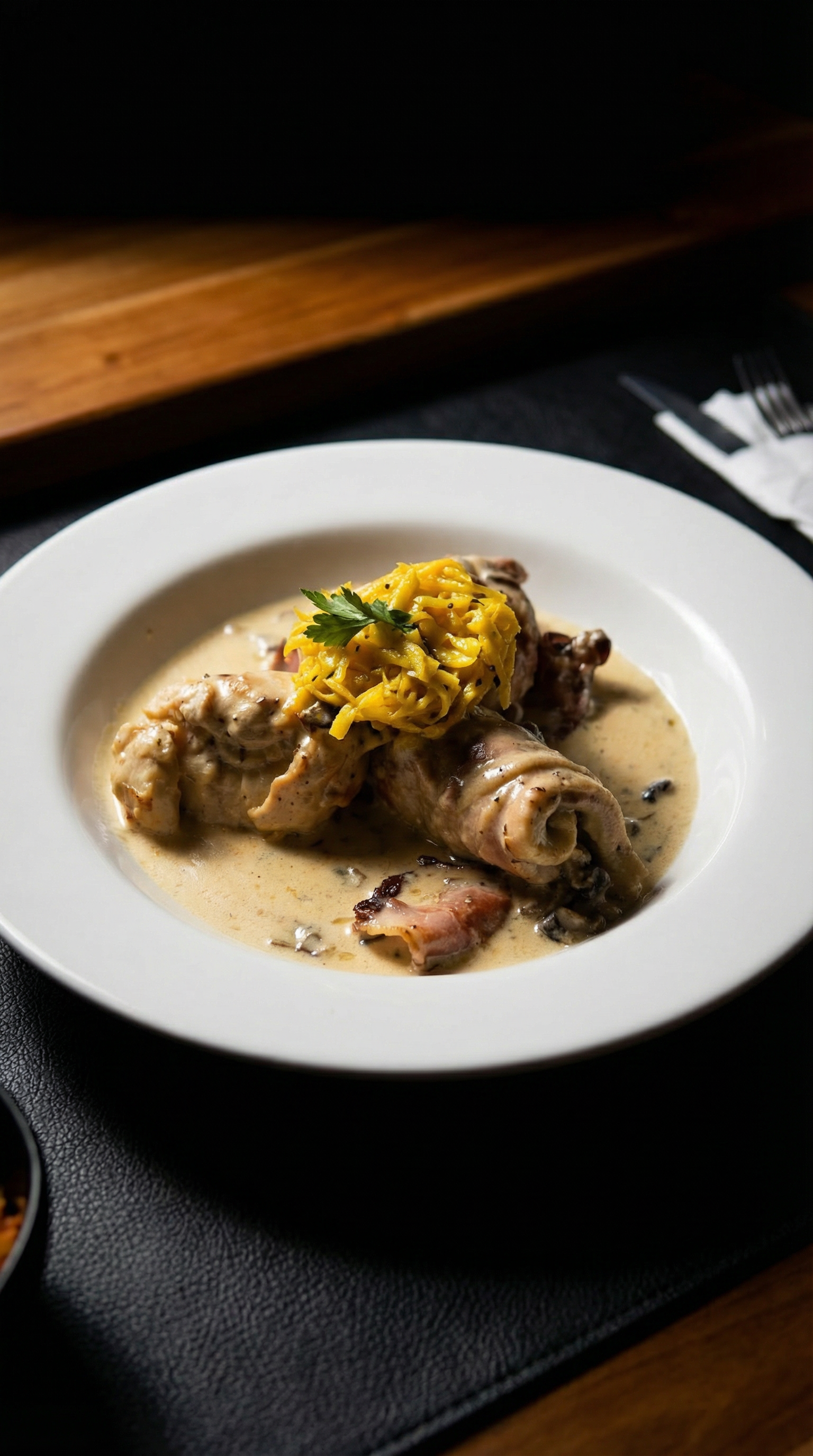 Delicious Colombian pork dish served in creamy sauce garnished with herbs and vegetables.