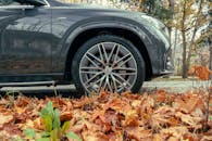 Close-up of a Mercedes-Benz Wheel in Autumn Leaves