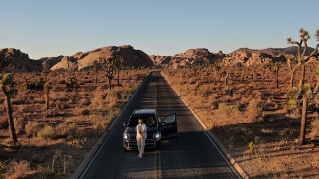 A man leans against a car on a deserted road in Joshua Tree National Park at sunset, surrounded by desert landscape.