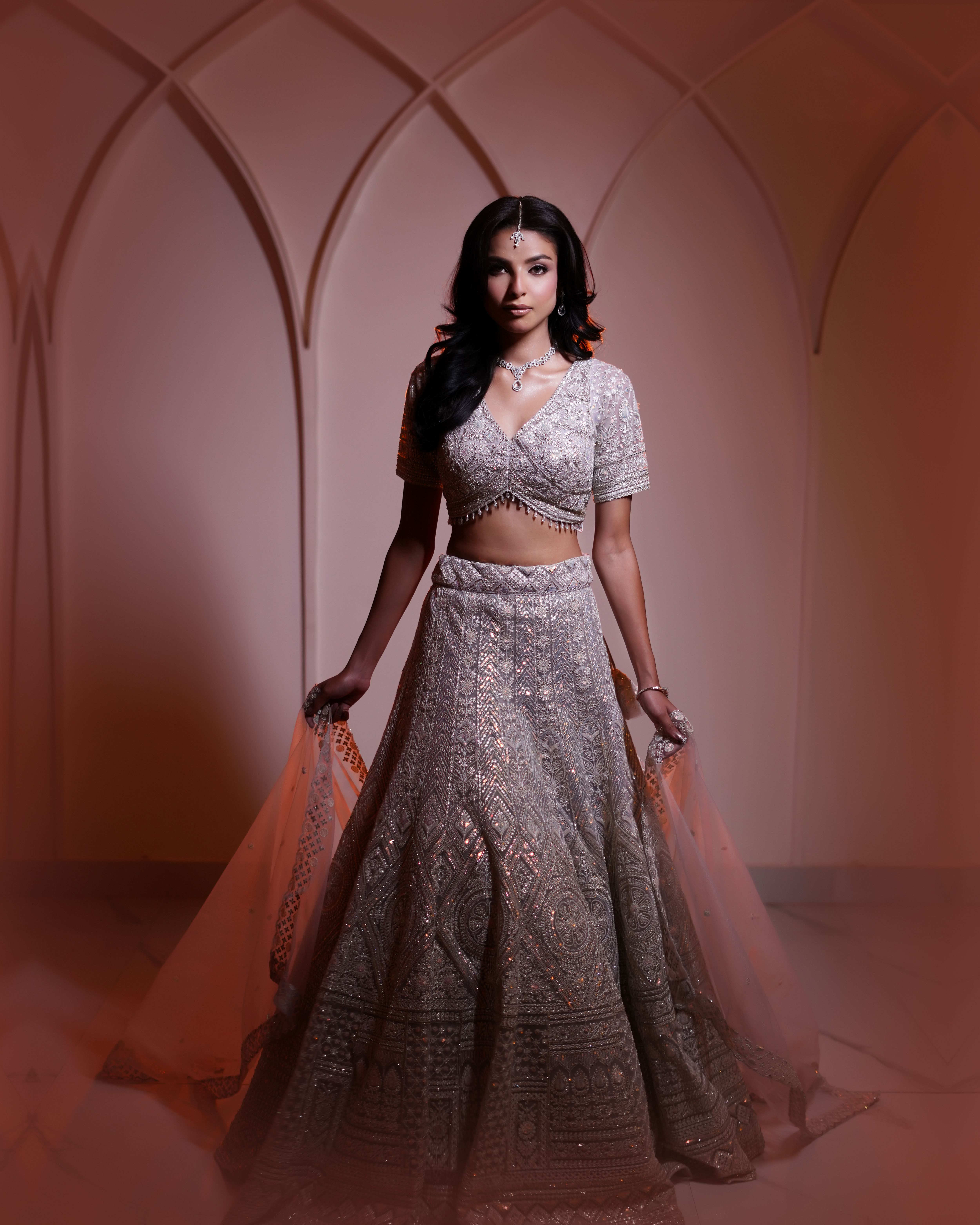 Stunning model in traditional Indian attire during an indoor photoshoot in Lucknow.