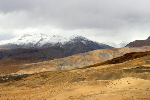 Breathtaking view of snow-capped Himalayas and desert landscape in Marango Rangarik.