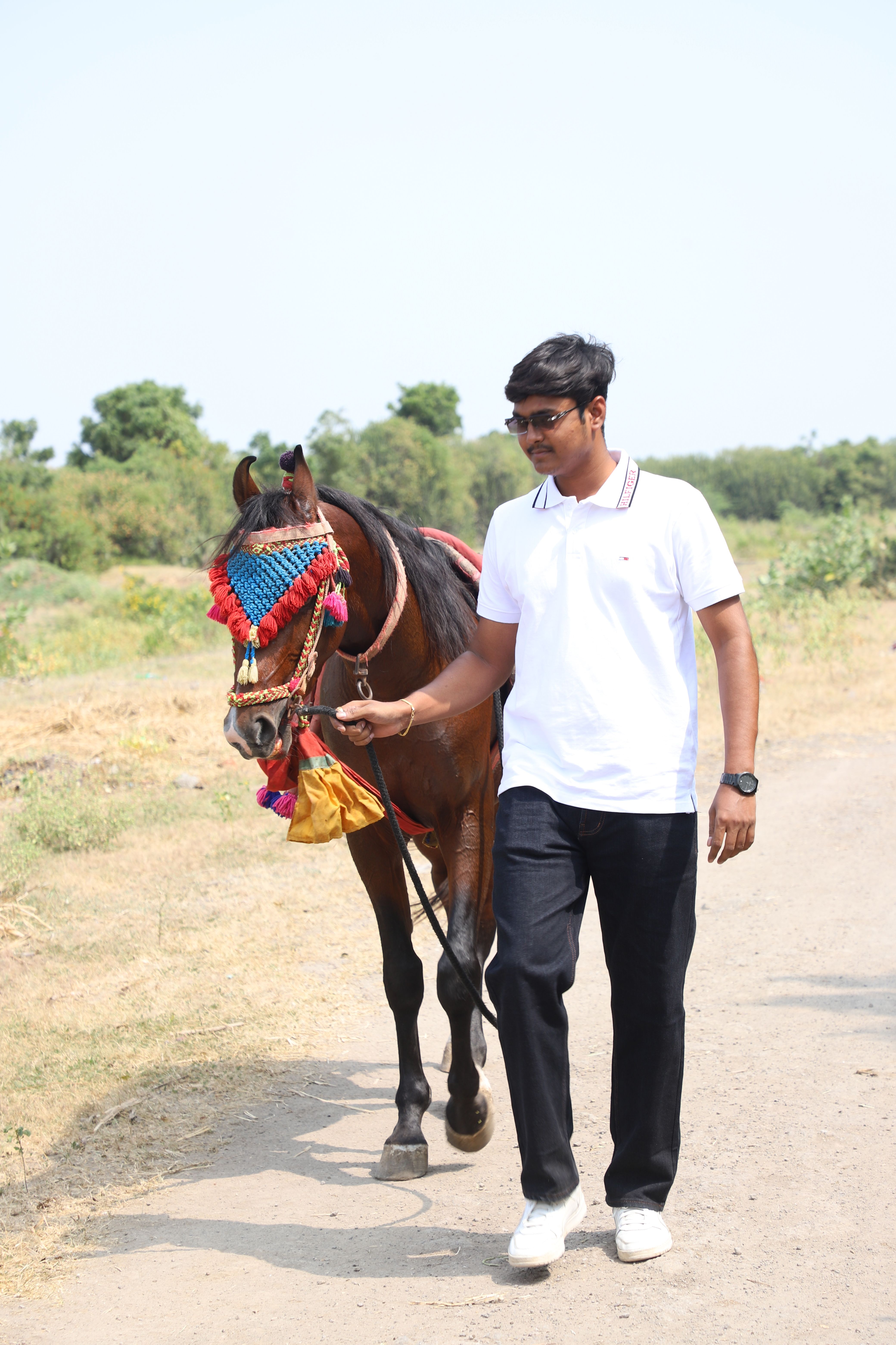 Young man strolls with a beautifully adorned horse on a clear day outdoors.