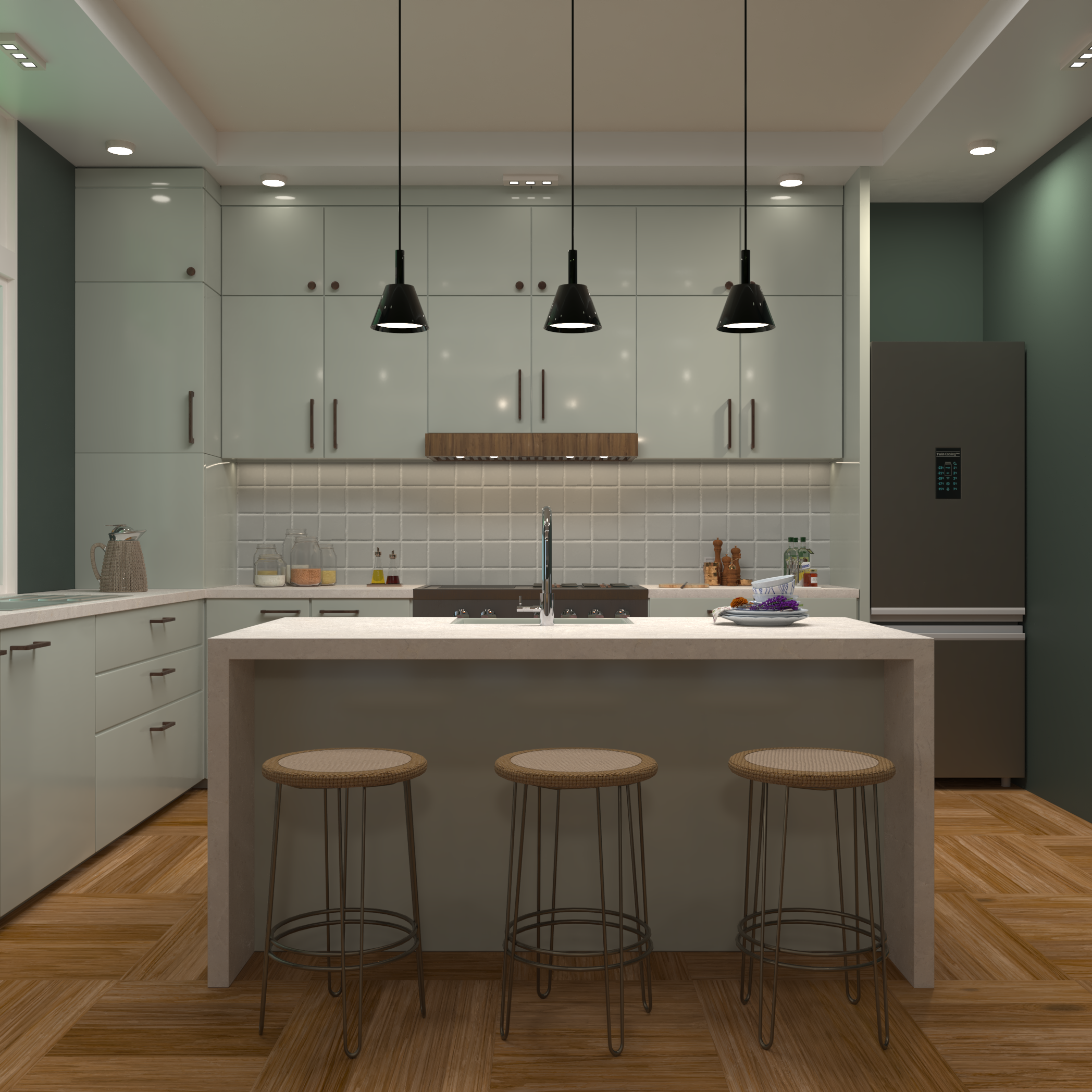 Modern Minimalist Kitchen with Island and Pendant Lights · Free Stock Photo
