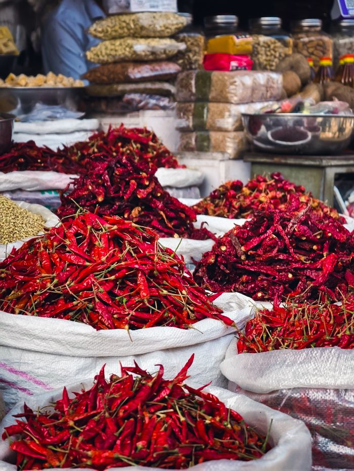 Bags of dried red chillies at a spice market