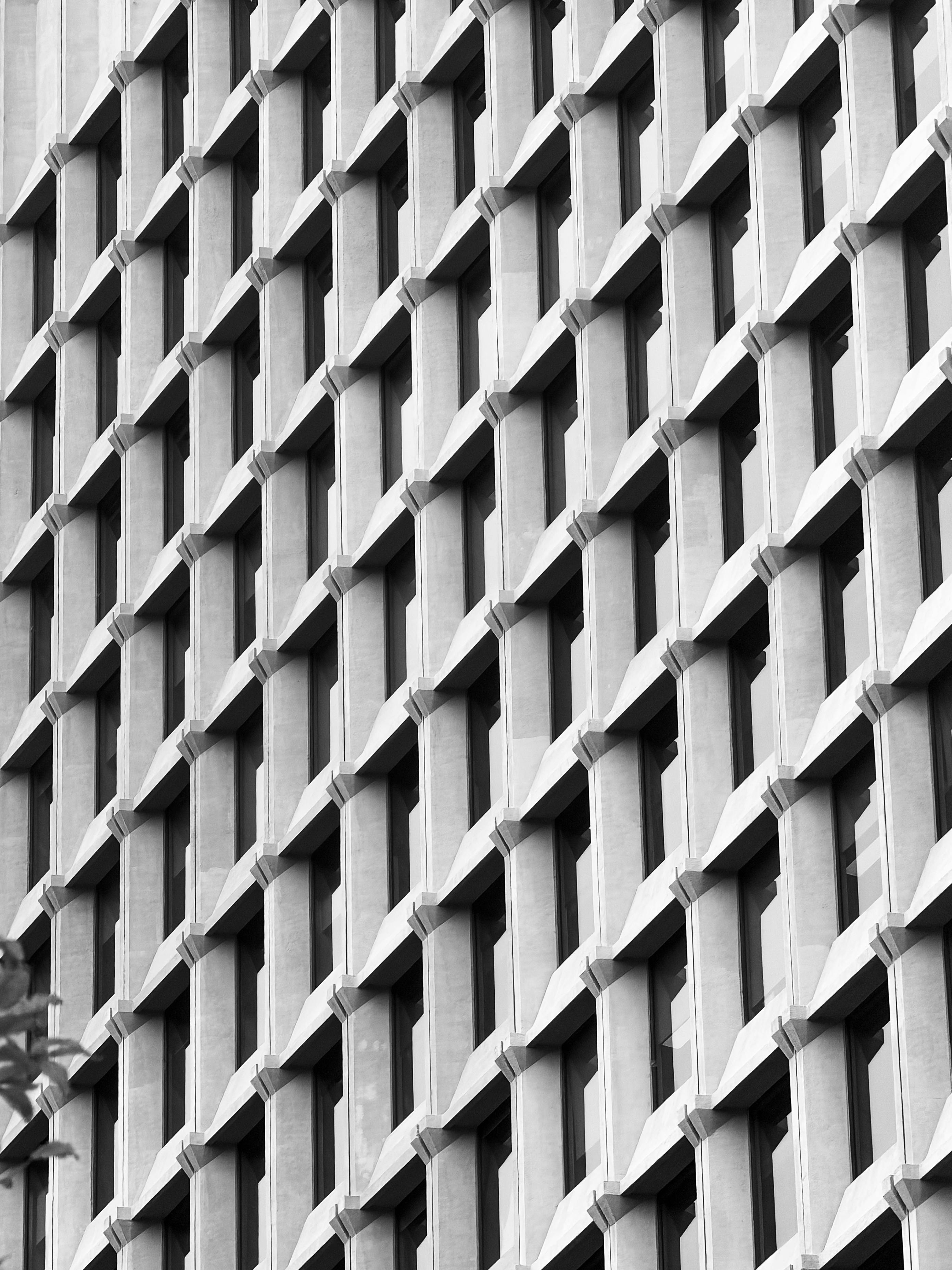 Explore the geometric beauty of a modern building facade in monochrome symmetry, highlighting its striking architectural design.