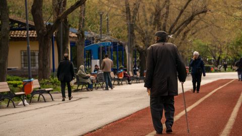 An elderly man with a cane strolls down a serene park path lined with benches and trees.