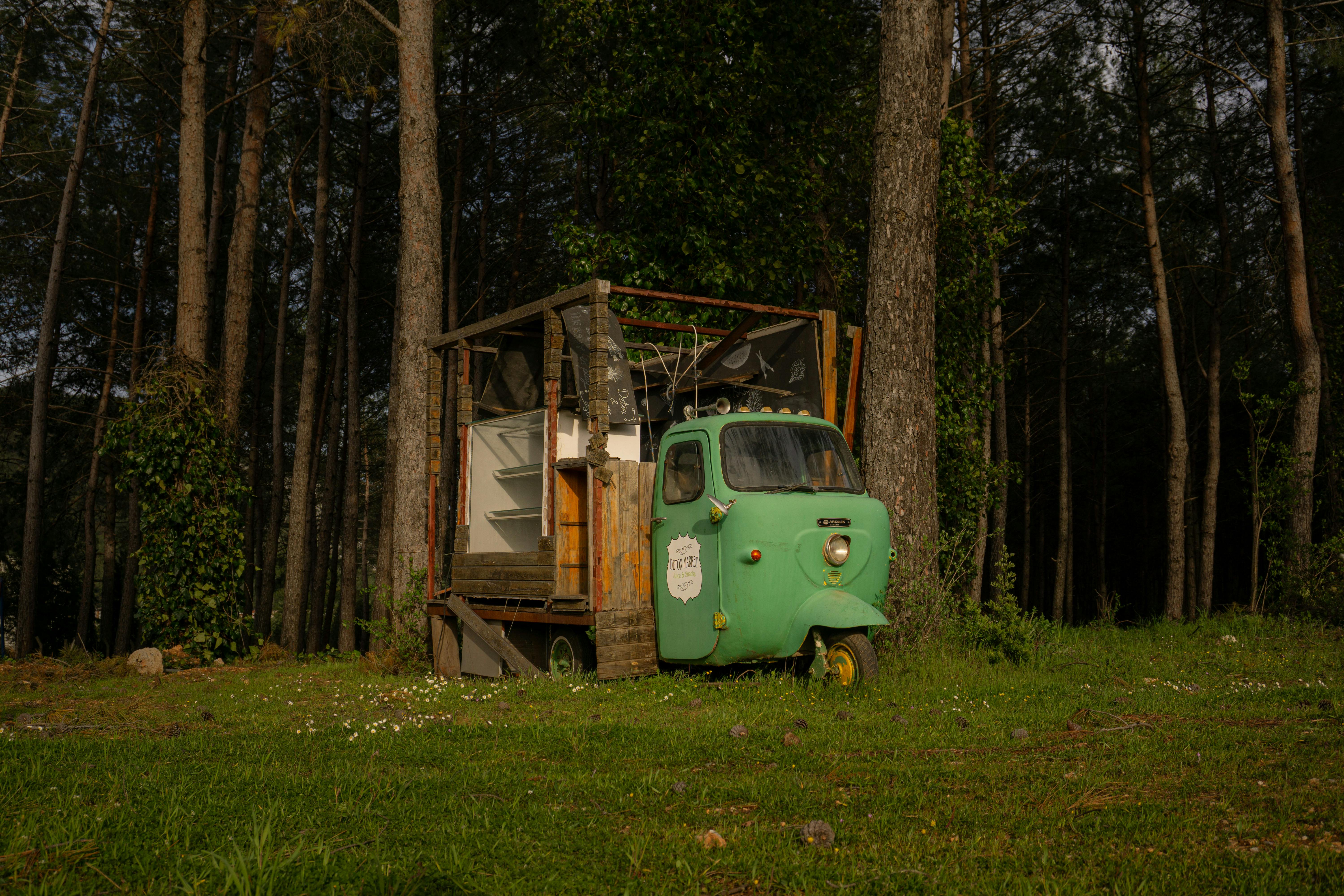 Une camionnette vintage verte transformée en maison nichée dans un paysage forestier serein pendant la journée.