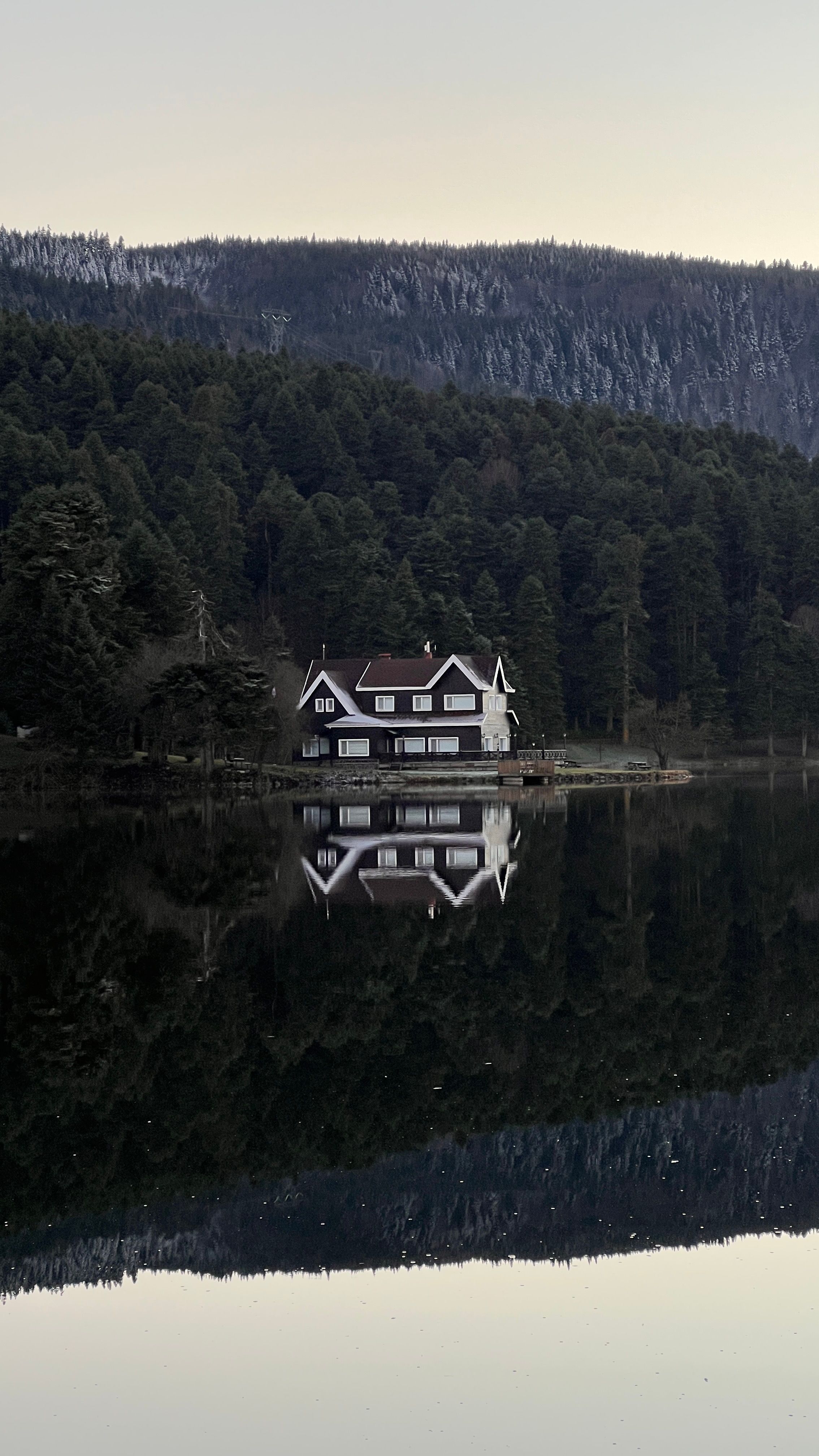 A peaceful lake house reflecting on still waters surrounded by dense forest, creating a serene escape.