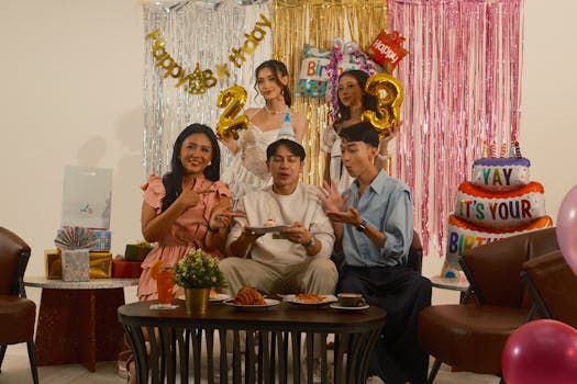 Group of friends celebrating a birthday indoors with cake and decorations.