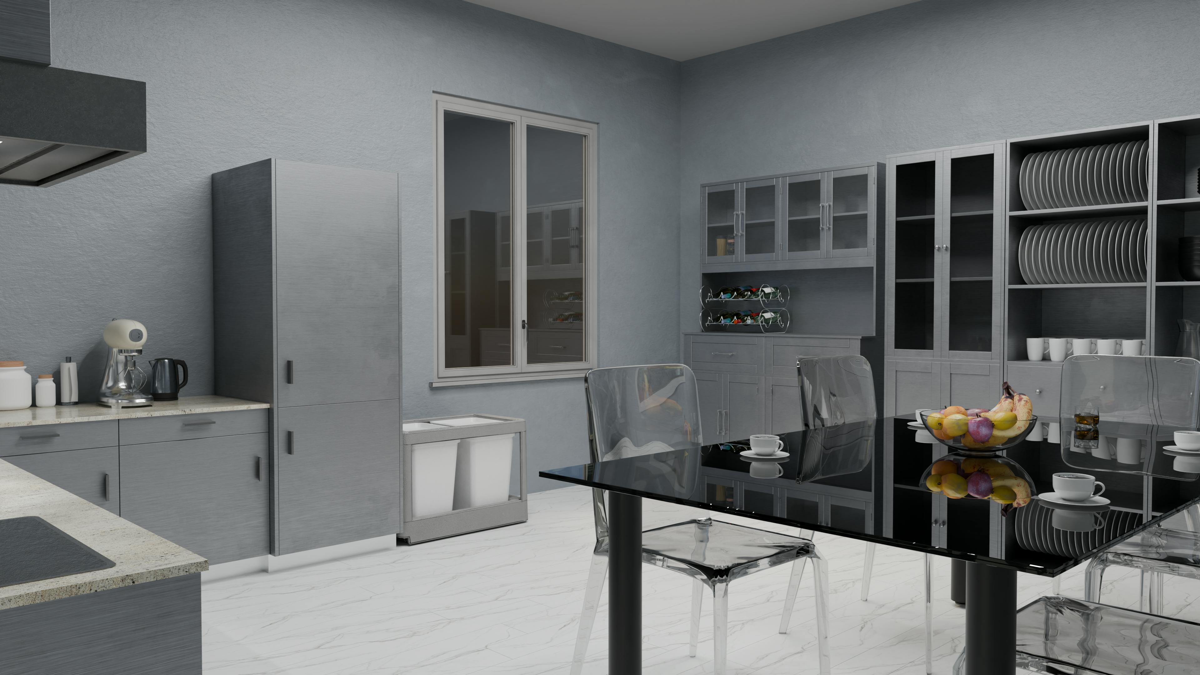 Sleek modern kitchen with glass table, gray cabinets, and decor elements for stylish living.