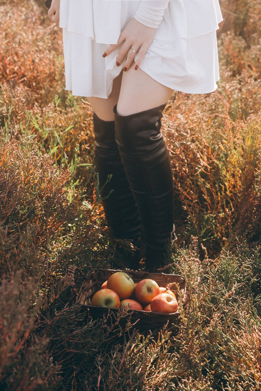 Fashionable woman in autumn field with basket of apples, capturing seasonal charm.