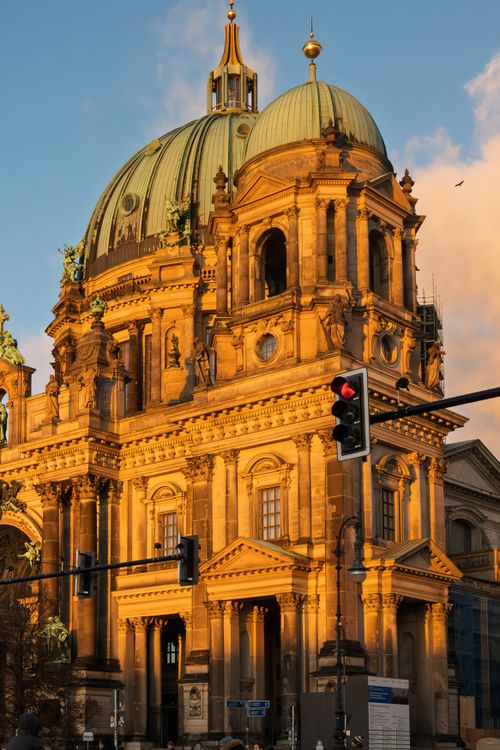 Free Stunning view of the Berliner Dom illuminated by the golden hues of sunset, showcasing its architectural splendor. Stock Photo