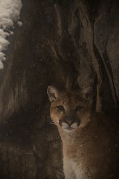 Elegant cougar in a snowy rocky terrain, conveying serenity and wilderness.