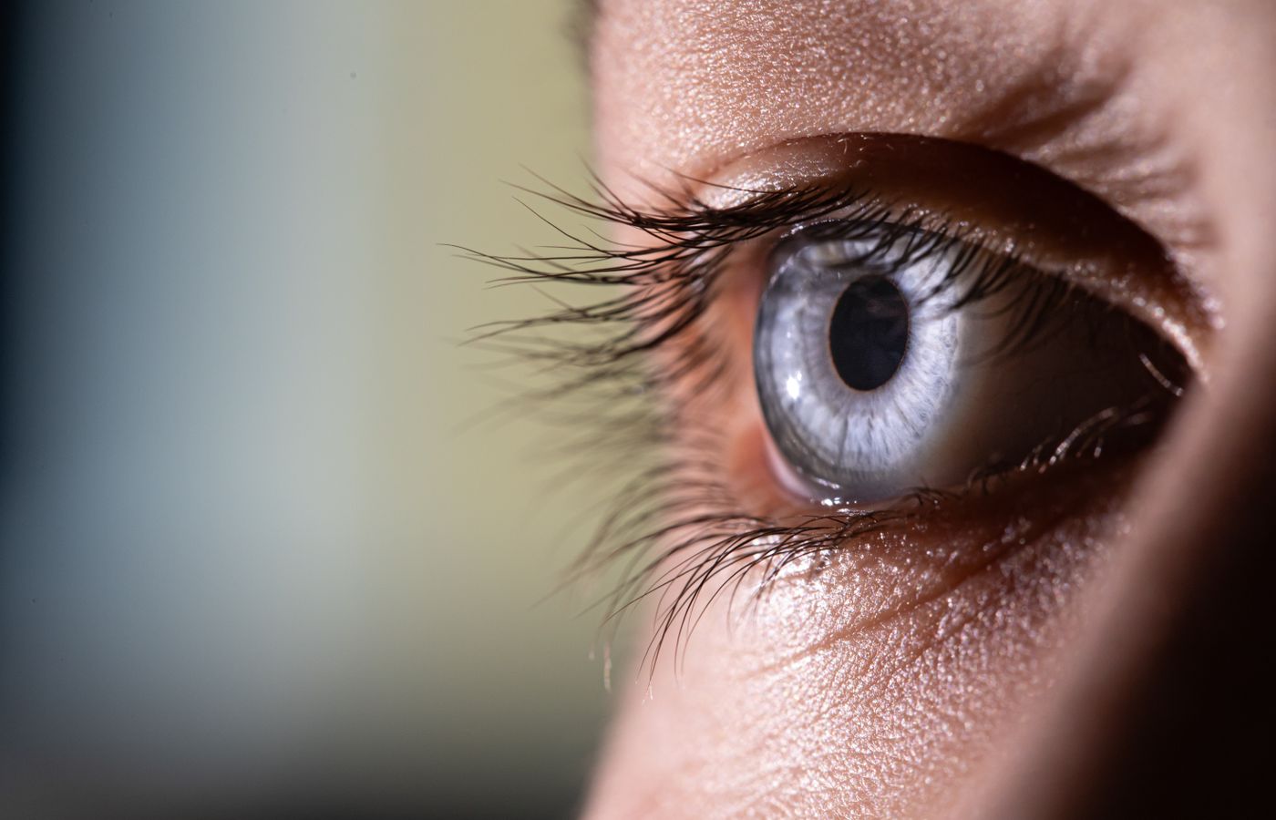 Macro shot of a blue eye highlighting intricate details of the eye and eyelashes.