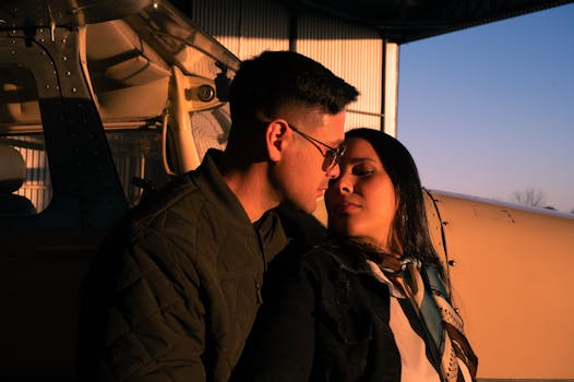 A couple shares a tender moment near a private aircraft inside a hangar.