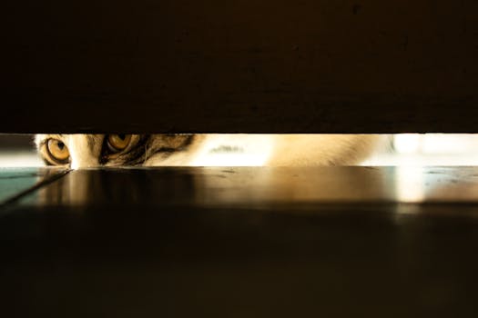 A playful cat peeks through a door gap, showcasing its curious nature and bright eyes.