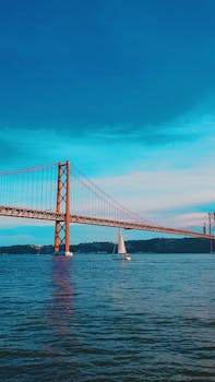 一座雄伟的吊桥横跨在平静的河流上，映衬着明亮的蓝天，非常适合旅行和城市主题