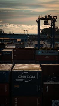 Stacked shipping containers at a Malaysian port during sunset, showcasing global trade.