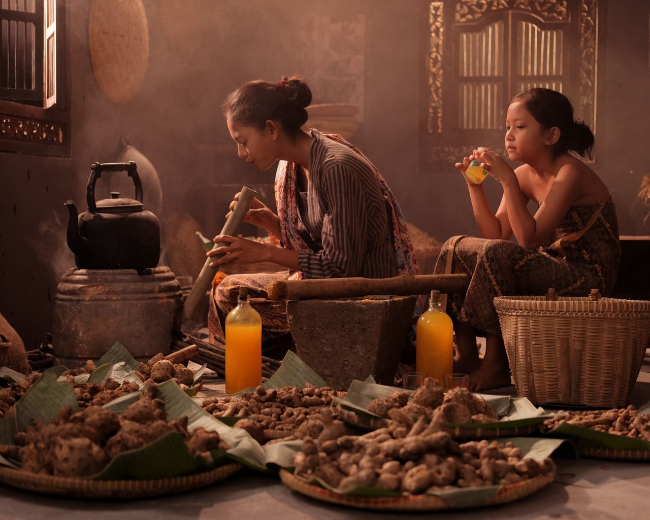 Suasana dapur tradisional Indonesia dengan bahan rempah alami